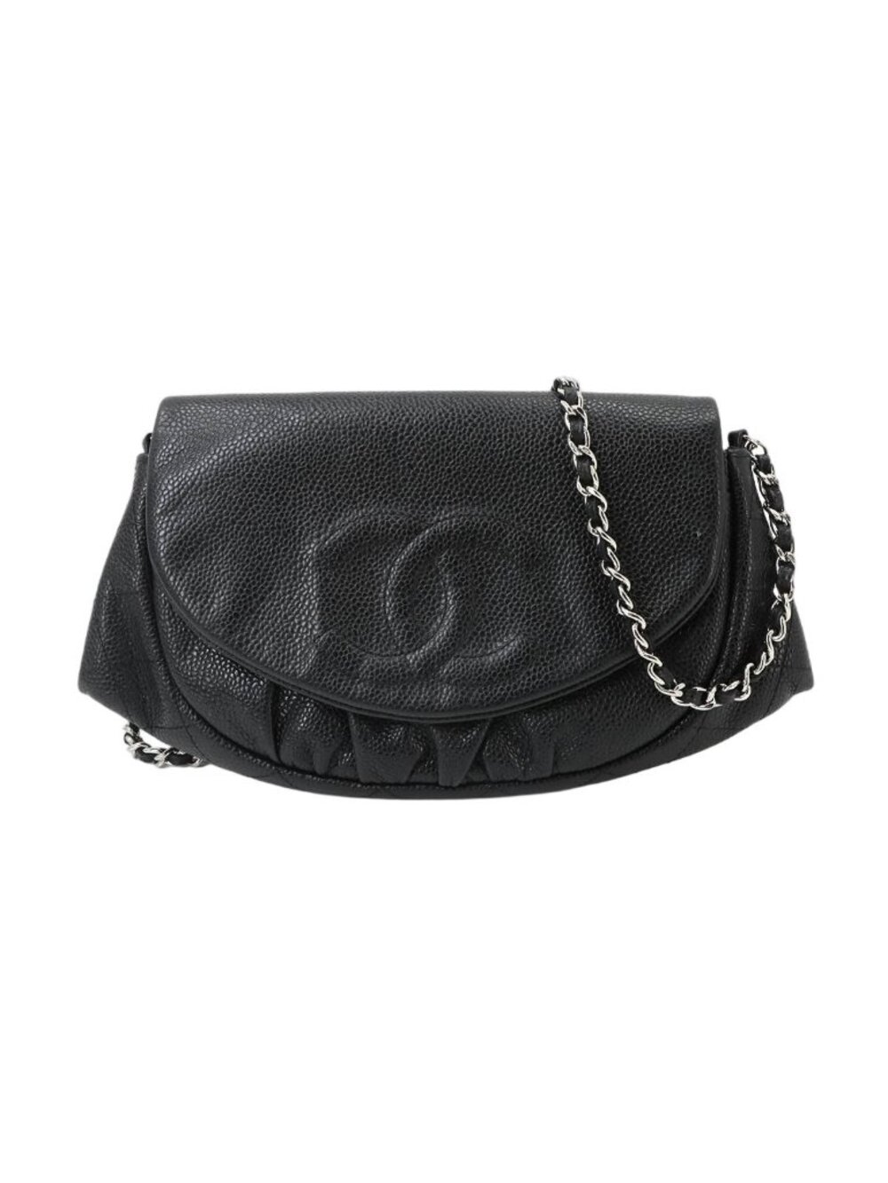 Chanel Half Moon Chain Wallet Caviar Leather Black Silver Shoulder Bag